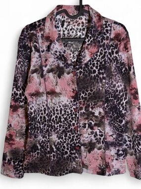 Y2K Pink leopard print button up blazer unstructured with lace detailing small
